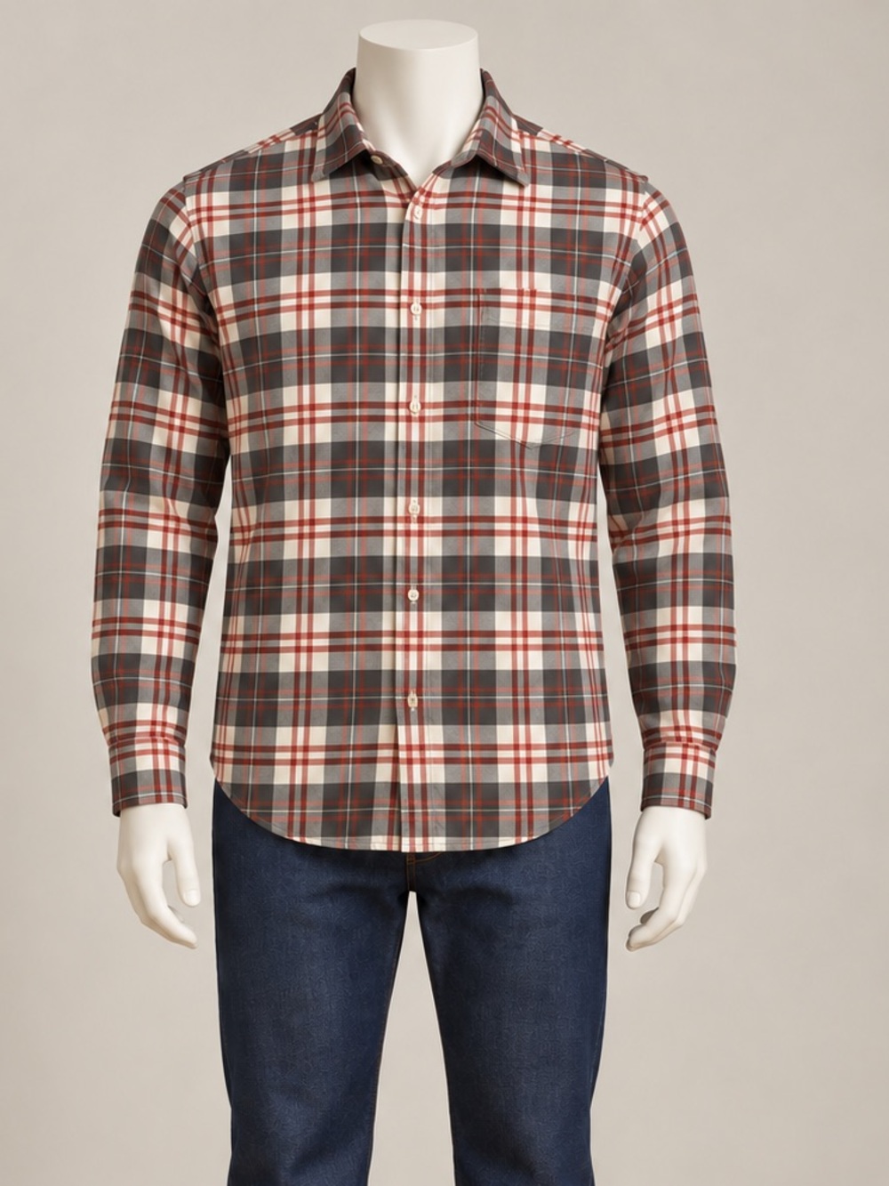 J.Crew Red & Gray Plaid Long Sleeve Button Down Woven Cotton Shirt Tailored Fit